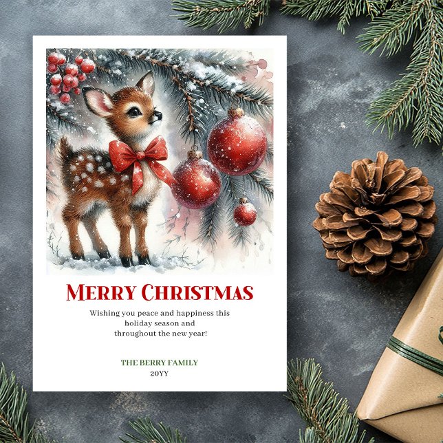 Tarjeta Festiva Fairy baby fawn snowy forest winter scene greeting (Fairy baby fawn snowy forest winter scene greeting card)