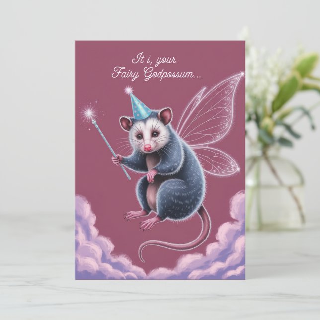 Tarjeta Festiva Fairy GodPossum Feliz cumpleaños (Anverso de pie)