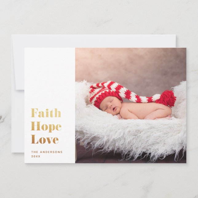 Tarjeta Festiva Faith Hope Love. Foto religiosa de Navidades de or (Anverso)