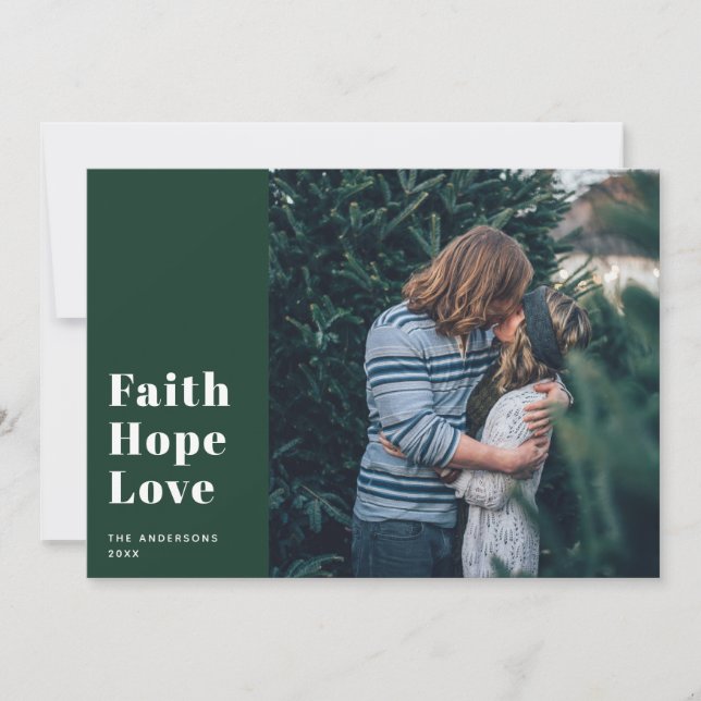 Tarjeta Festiva Faith Hope Love. Foto religiosa de Navidades verde (Anverso)