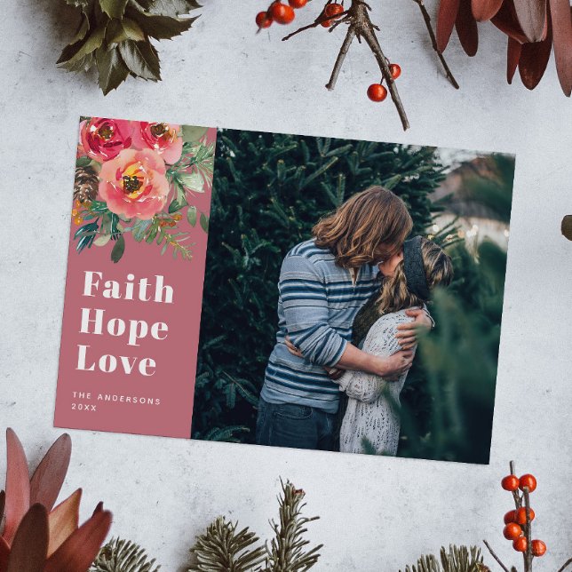 Tarjeta Festiva Faith Hope Love Muted Pink Floral Photo Navidades (Subido por el creador)