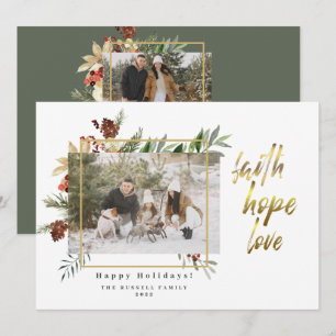 Tarjeta Festiva Faith Hope Love Photo Floral Sage-Green Navidades