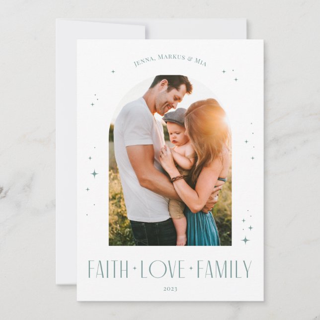 Tarjeta Festiva Faith Love Family Navidades de arte moderno Blue (Anverso)