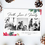 Tarjeta Festiva Faith Love Family. Navidades religiosos florales<br><div class="desc">Navidades religiosos Tarjeta de guión de festividad "Faith Love and Family" con collage de poinsettia floral rosa y acuarela y rama de pino.</div>
