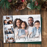 Tarjeta Festiva Faja de fotos del guión navideño<br><div class="desc">Tarjeta plana de vacaciones moderna que incluye tu foto con una tira de tres fotos cuadradas más pequeñas,  "Feliz Navidad" en un guión de moda y tu nombre en una tipografía simple.</div>