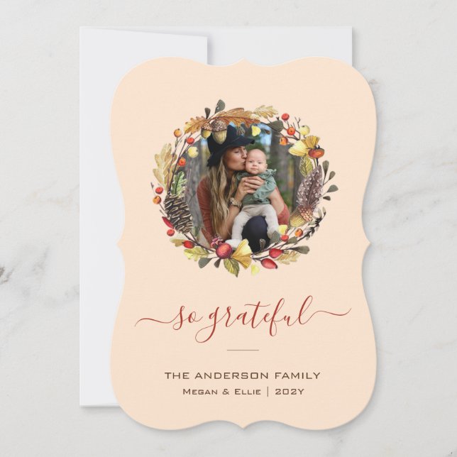 Tarjeta Festiva Fall Wreath Fotografía Family Acción de Gracias (Anverso)