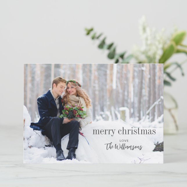 Tarjeta Festiva Falso Christmas Black Script Side Overlay Photo (Anverso de pie)