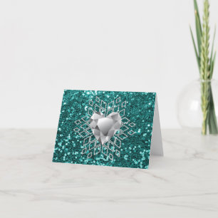 Tarjeta Festiva Falso copo de nieve verde azulado del corazón del
