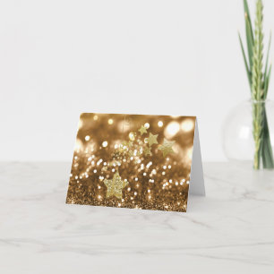 Tarjeta Festiva Falsos purpurina y estrellas de oro de Bokeh
