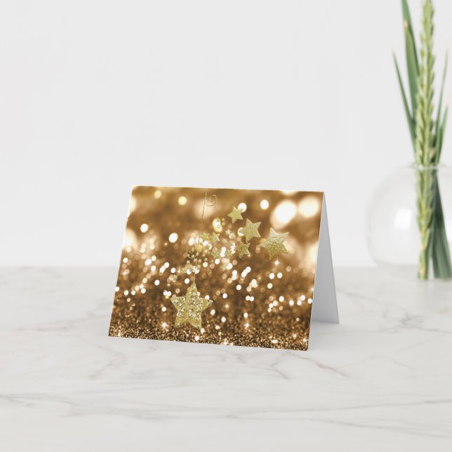 Tarjeta Festiva Falsos purpurina y estrellas de oro de Bokeh (Anverso)
