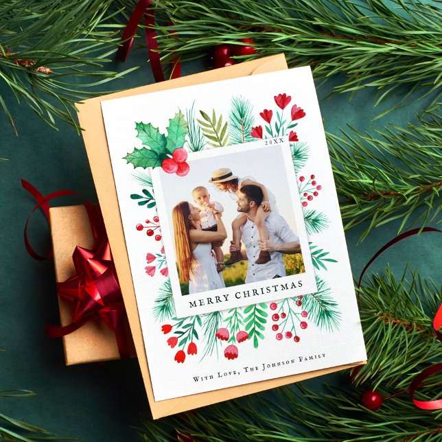 Tarjeta Festiva Familia 1 Foto Mano Pintada Flores acuáticas (Family Photo Christmas Card Watercolor Foliage)
