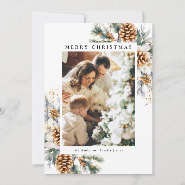 Tarjeta Festiva Familia 1 Foto Navidades de pino botánico negro (Anverso)