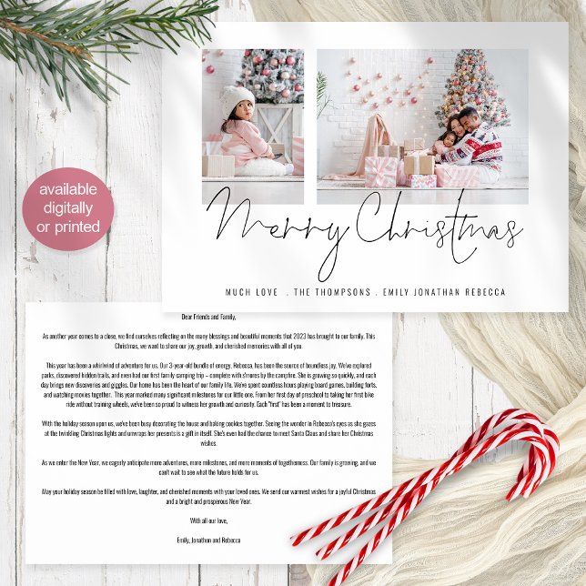 Tarjeta Festiva Familia 2 Photo Script Newsletter Merry Christmas (Front and back view. Add your year in review newsletter on the back. Available digitally and printed)