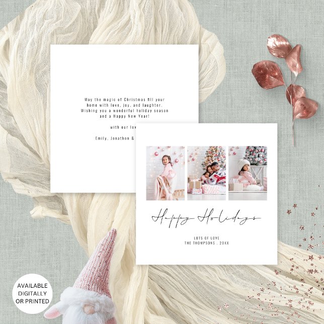 Tarjeta Festiva Familia 3 Fotos Navidades Felices Fiestas (Front and back view. Available digitally or printed)