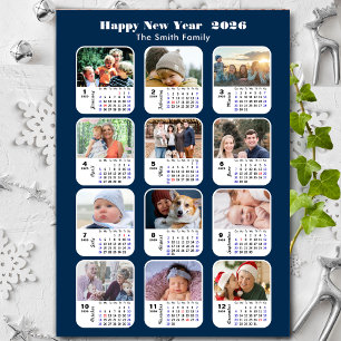 Tarjeta Festiva Familia Calendario 2026 12 Collages de fotos Azul