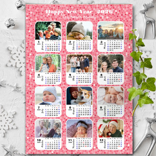 Tarjeta Festiva Familia Calendario 2026 12 Purpurina rosa Collage 
