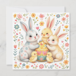 Tarjeta Festiva Familia conyugal de Pascua con amigos de polluelos