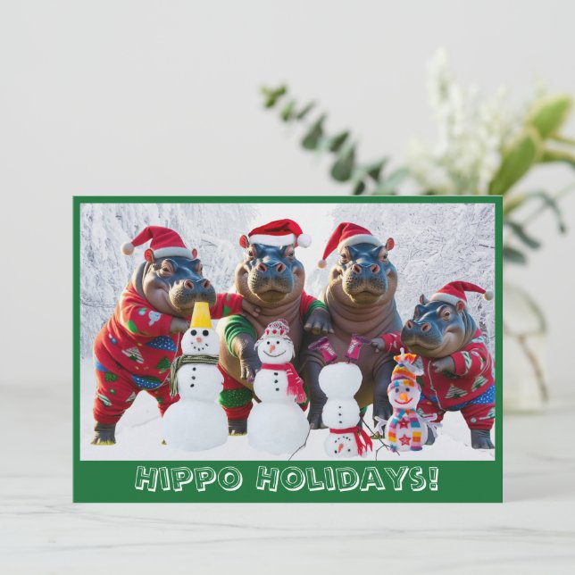 Tarjeta Festiva Familia Cute Hippo en pijamas personalizada (Anverso de pie)