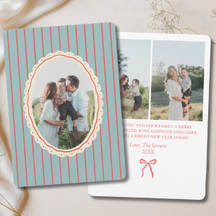 Tarjeta Festiva Familia De 3 Fotografías Azul Y Rojo Ilustrado De