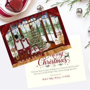 Tarjeta Festiva Familia de 4 Bebés Gemelos Cabaña Mañana de Navida