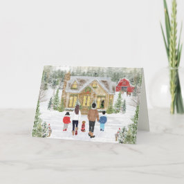 Tarjeta Festiva Familia de 4 Niño y Niña, Cabaña Navideña Nevada
