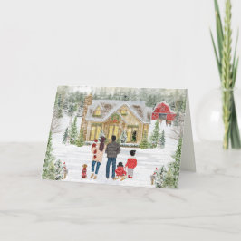 Tarjeta Festiva Familia de 5 bebé, 2 niñas, cabaña navideña nevada