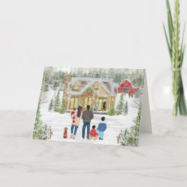 Tarjeta Festiva Familia de 5 bebé y 2 niños, cabaña navideña nevad