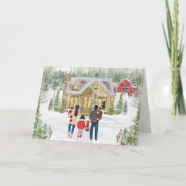 Tarjeta Festiva Familia de 5 Gemelos y Niña, Cabaña Navideña Nevad