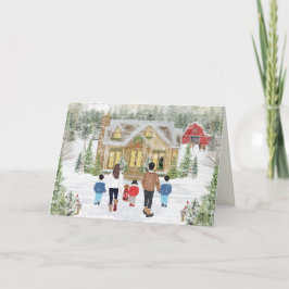 Tarjeta Festiva Familia de 5 Niña y 2 Niños, Cabaña Navideña Nevad