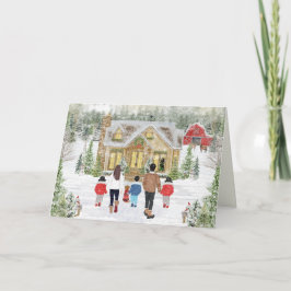 Tarjeta Festiva Familia de 5 Niño y 2 Niñas, Cabaña Navideña Nevad