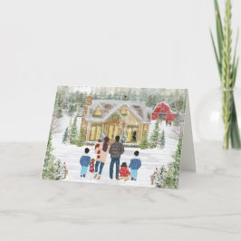 Tarjeta Festiva Familia de 6, bebé, niña, niños, cabaña navideña n