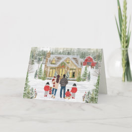 Tarjeta Festiva Familia de 6, bebé, niño, niñas, cabaña navideña n