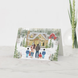 Tarjeta Festiva Familia de 6, bebé y 3 niños, cabaña navideña neva