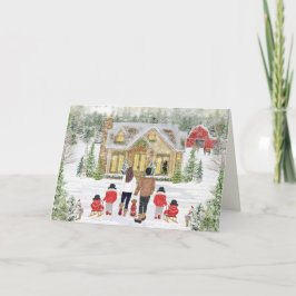 Tarjeta Festiva Familia de 6, cuatro niñas, cabaña navideña nevada