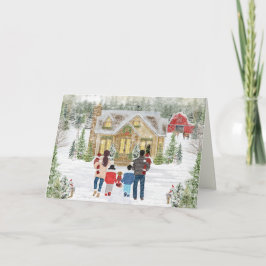Tarjeta Festiva Familia de 6 Gemelos, Niño y Niña, Cabaña Navideña