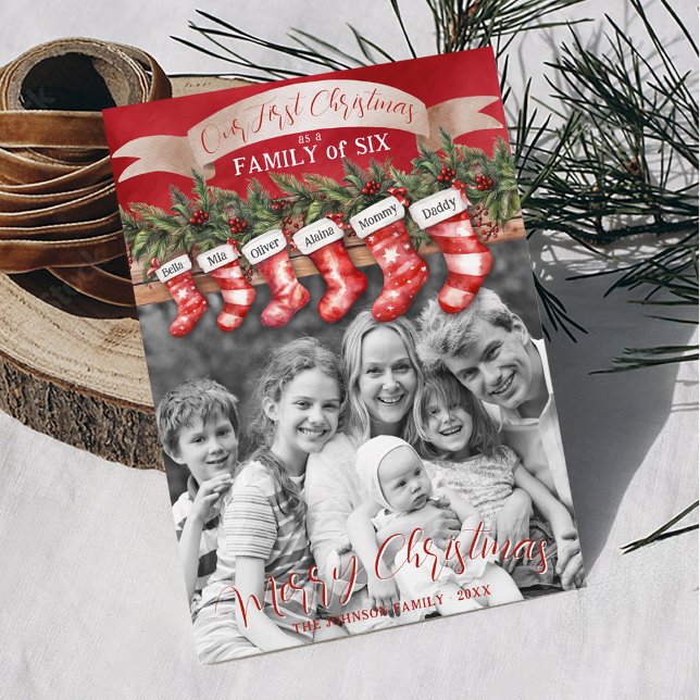 Tarjeta Festiva Familia de 6 Navidades Acopio Foto Bebé Primero (Personalized 6 stocking names 1st Christmas as a family of six black and white photo Merry Christmas)