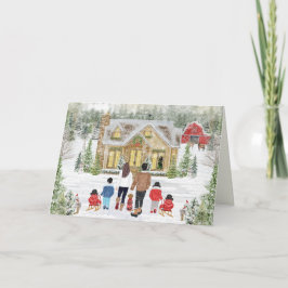 Tarjeta Festiva Familia de 6, Niño 3 Niñas, Cabaña Navideña Nevada