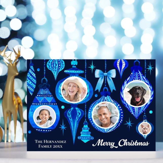 Tarjeta Festiva Familia de acuarela azul de la Marina Bauble (Photo Christmas Bauble Navy Blue Watercolor Family Holiday Card)