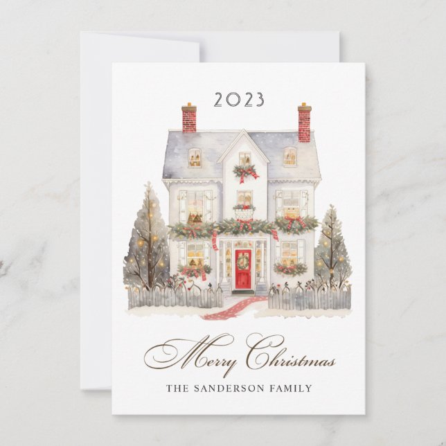 Tarjeta Festiva Familia de árbol de la casa de los navidades (Anverso)