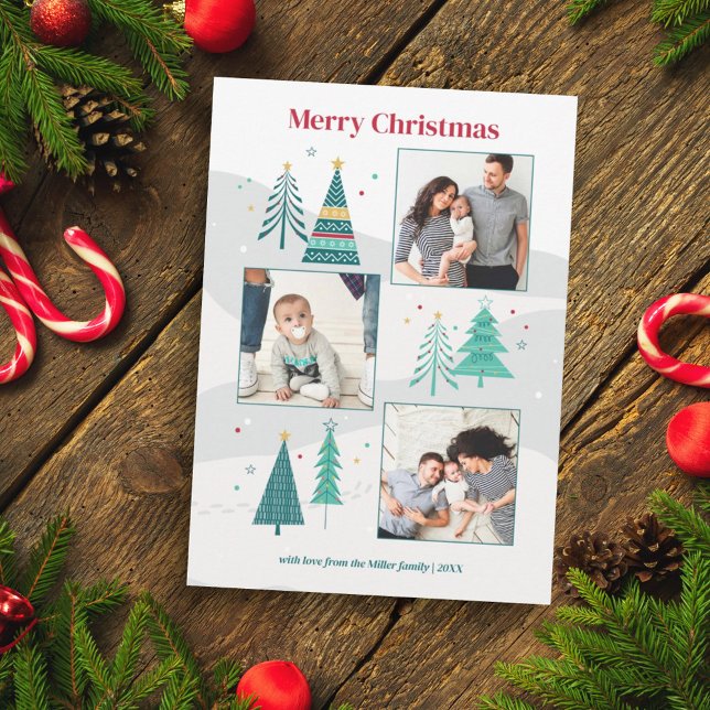 Tarjeta Festiva Familia de árboles navideños modernos multifotogra (Subido por el creador)