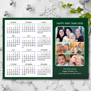 Tarjeta Festiva Familia de calendarios 2026 Foto Minimalista verde