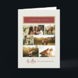 Tarjeta Festiva Familia de Collages de fotos de amor rojo y oro<br><div class="desc">Comparte momentos sentidos con esta tarjeta de vacaciones "Sending Love", que presenta un cálido diseño minimalista con un encabezado burdeos enmarcado en oro y un guión elegante. La tarjeta muestra un diseño multifotográfico, perfecto para mostrar recuerdos familiares atesorados. El texto de nombre de familia en la parte inferior le da...</div>