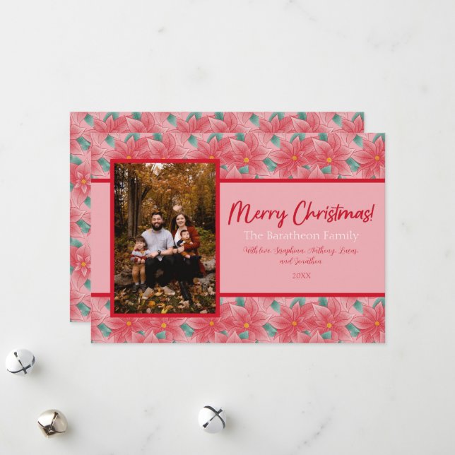 Tarjeta Festiva Familia De Fotografías Personalizadas De Poinsetti (Anverso/Reverso In Situ)