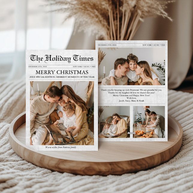 Tarjeta Festiva Familia de fotos de cuatro Navidades únicos de per (Newspaper 4 Photos Christmas Card, Unique Photo Holiday Card)