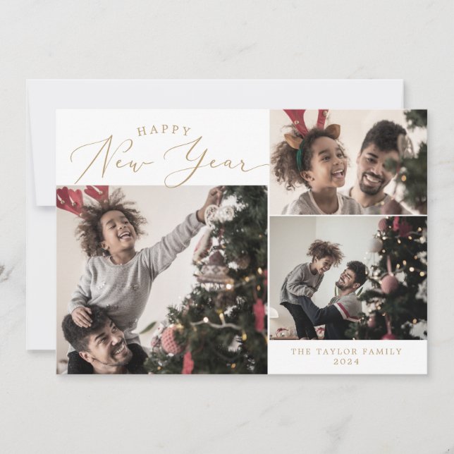 Tarjeta Festiva Familia de fotos Delicate Gold Happy New Year 4 (Anverso)