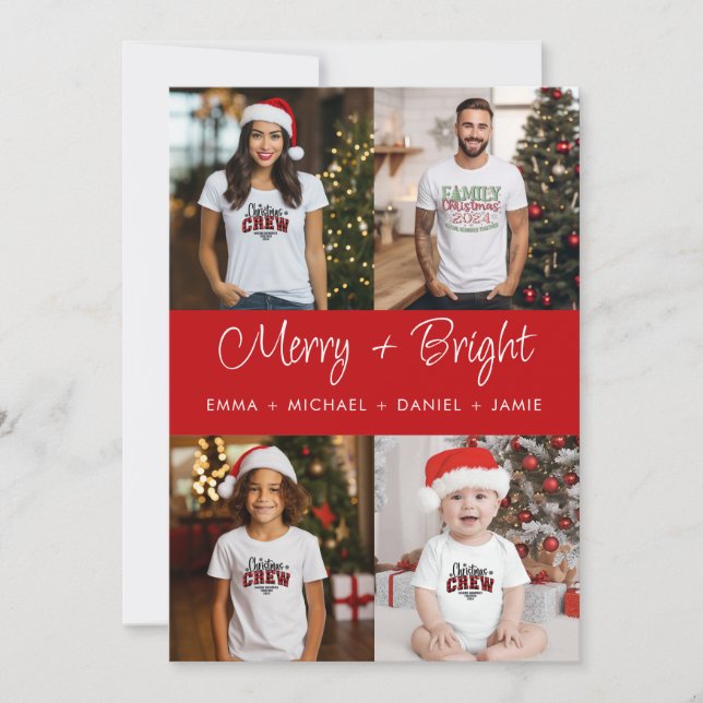 Tarjeta Festiva Familia de fotos Merry and Bright Red Panel 4 (Anverso)
