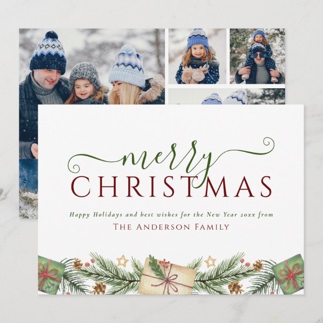 Tarjeta Festiva Familia de fotos Wreath 4 para navidades (Anverso / Reverso)