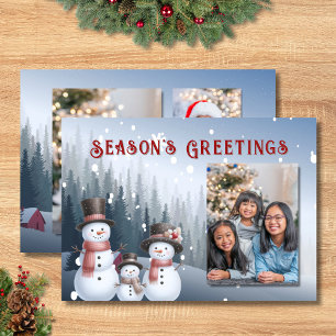 Tarjeta Festiva Familia de muñeco de nieve azul Foto de invierno