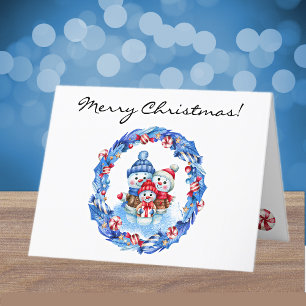 Tarjeta Festiva Familia de muñeco de nieve personalizada en acuare