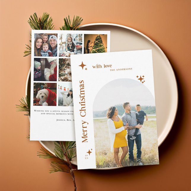 Tarjeta Festiva Familia de Navidades de fotografía Boho Minimalist (family christmas card photo collage modern minimalist elegant earthy terracotta boho arch vintage 70)
